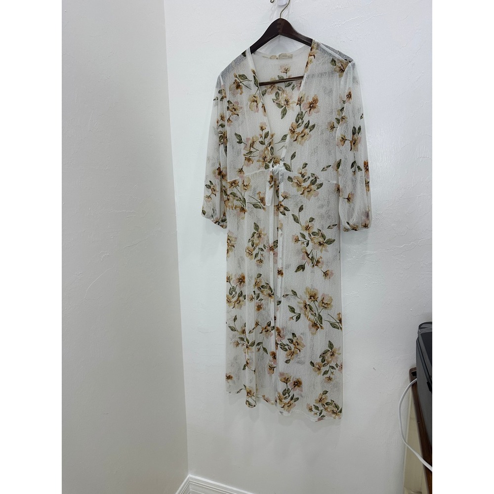 Ember Floral Duster Cardigan Women Large White Good Sheer Tie Front Boho S18208